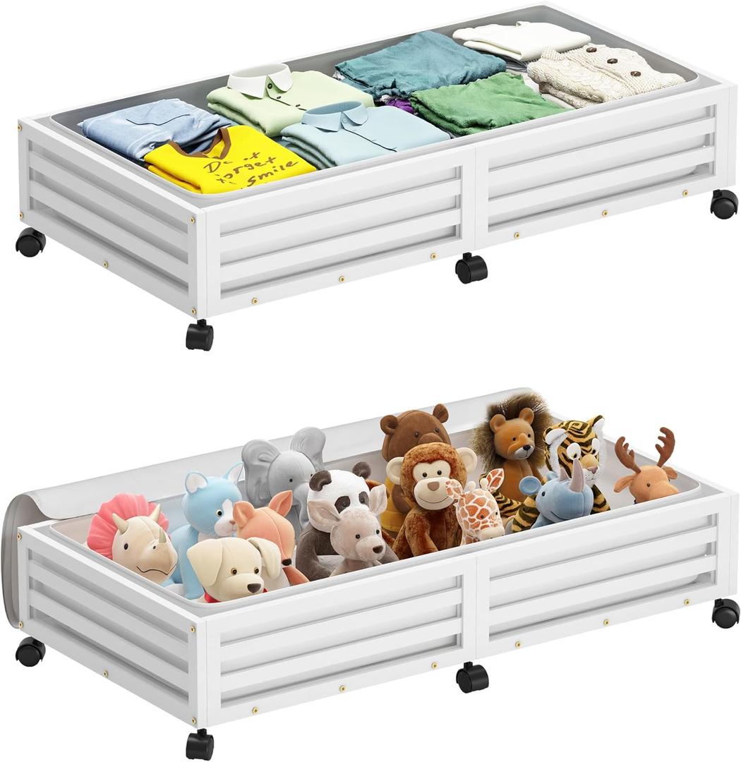 Wisuce Bamboo Under Bed Storage Containers- Underbed Organizer with Wheels with Dust Bag,Sturdy Wood Rolling Under the Bed Shoe Storage Organizer Drawers (White, 2 Pack (33.07"16.54"))