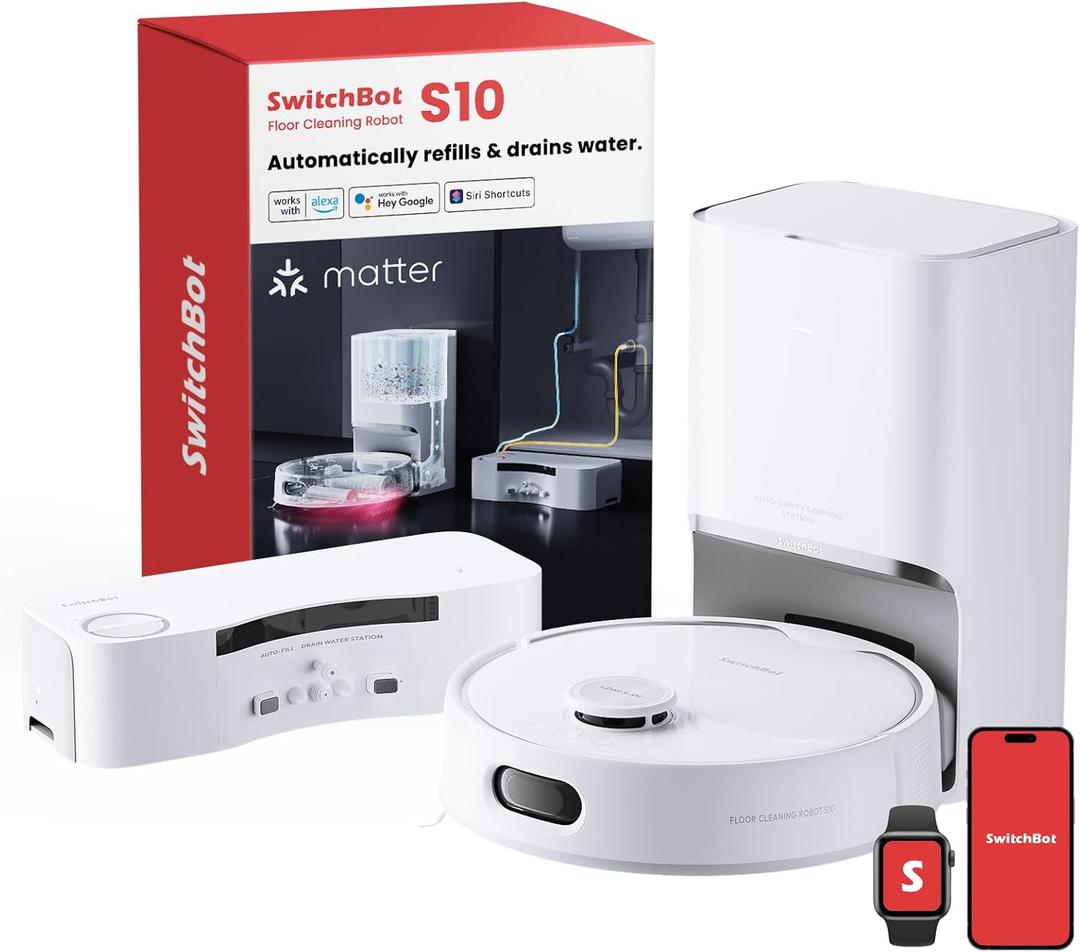 SwitchBot S10 Robot Vacuum and Mop with Dual Stations, Self Draining and Refilling, Auto Washing and Drying, Liftable Mop, 6500Pa Suction, Self Emptying for 90 Days Hands-Free Cleaning (4L, Pure White)