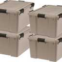 IRIS USA 4-Pack WeatherPro Gasket Box, 63 Quart Weather Resistant Storage Bins with Latching Lids, Heavy Duty Organizing Containers for Closet, Bathroom, and Office - Tan