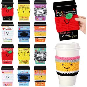 Zhehao 12 Set End of Year Teacher Gift Card Crochet Coffee Cup Sleeve Composition Notebook Crayon Thank You for Helping Me Grow Graduation Gifts for Teacher First Day of School Party Favors