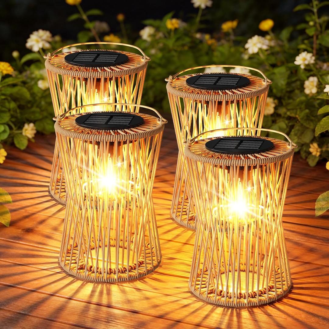 Solar Lanterns Outdoor Waterproof 4 Pack, Upgraded Rattan Hanging Solar Lights for Outside with Handle, Bright Auto On/Off Decorative Outdoor Lanterns for Patio Garden Yard Porch, Gifts for Mom