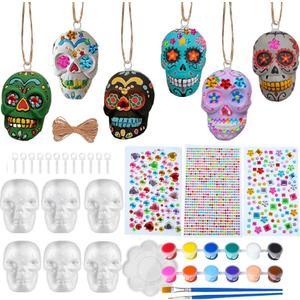 12 Sets of Day of The Dead Ornaments,Dia De Los Muertos Paint Your Own Sugar Skull Decorations Crafts Kit, DIY Halloween Hanging Foam Skeleton Head Decor for Altar De Muertos Halloween