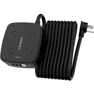 20 Ft Surge Protector Power Strip - 8 Widely Outlets with 4 USB Ports, 3 Side Outlet Extender with 20 Feet Extension Cord, Flat Plug, Wall Mount, Desk USB Charging Station, Black