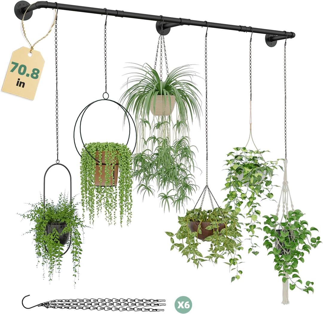 Plant Hanger Indoor with 6 Hanging Chains Hanging Planters for Indoor Plants Hanging Plant Holder Window Plants Rod Black Metal Shelves(70.8 Inch Pot not Included