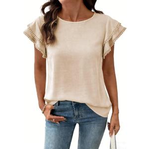 Dokotoo Summer Tops for Women 2026 Casual Round Neck Ruffle Cap Sleeve Blouse Shirts Solid Color Tunic Tops (Beige, S)