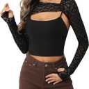 Avidlove Women Sexy Long Sleeve Mesh Crop Top Solid Cover Up with Spaghetti Strap Cami Top 2 Pieces Clubwear with Thumb Holes (Small, Black Pattern 1)