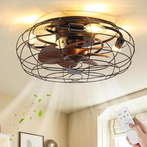 Ceiling Fans with Lights and Remote 18" Small Black Flush Mount Outdoor Ceiling Fan lights Rustic Low Profile Reversible Bladeless Ceiling Fan for Patios,Farmhouse,Bedroom,Kitchen,Living room