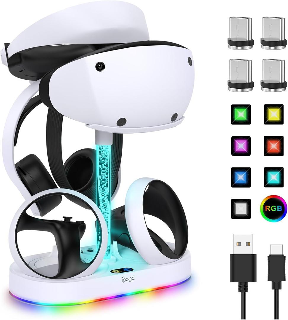 FASTSNAIL Charging Stand for PlayStation VR2, Multifunction Vertical PS VR2 Headset & Sense Controllers Charge Dock Station with 10 RGB Light Modes of Memory, for PS5 VR2 Accessories (RGB Base)