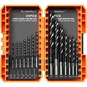 Crosstar M35 Cobalt Drill Bit Set for Hardened Metal & Stainless Steel - 21pcs Titanium Aluminum Nitride Coated (TiAlN), Three-Flute Design, 1/16"-1/2" Metal Drill Bits