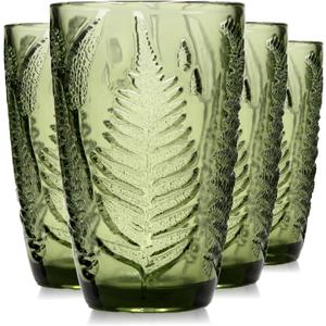 Green Drinking Glasses Set of 4, 12 oz Hand-Pressed Vintage Drinking Glasses, Deep Textured Antique Glassware, Fern Embossed Highball Tumblers, Colored Boho Glass Cups, Retro Style Drinkware Gift Set