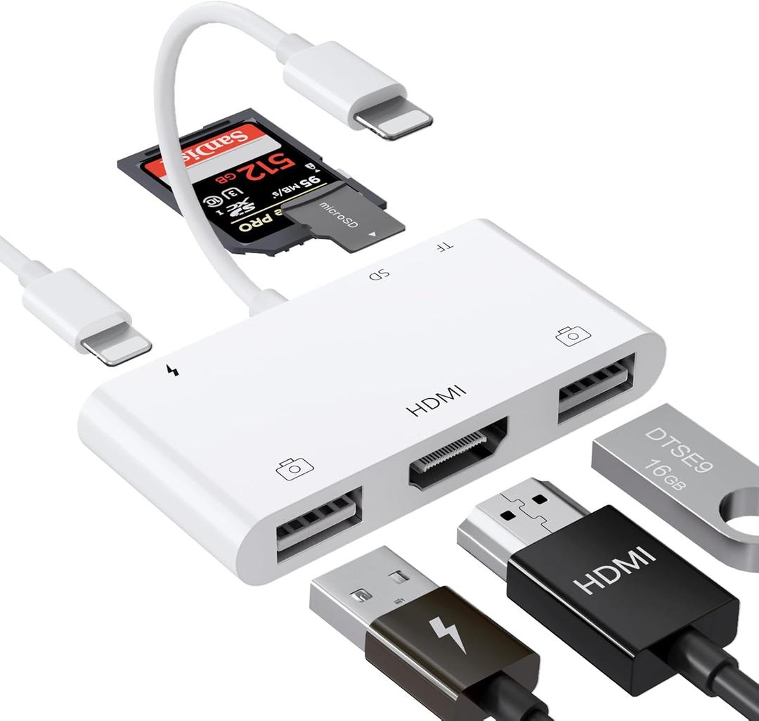 Lightning to HDMI Adapter with USB Camera and Charging Port, SD Card Reader for iPhone, 6 in 1 Camera Adapter to iPhone, Supports MIDI Keyboard, Mouse, HD TV/Projector/Monitor, Plug & Play
