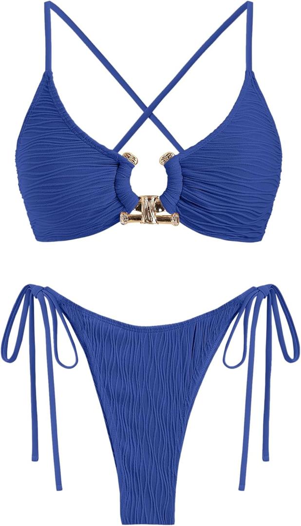 ZAFUL Bikini Swimsuit for Women Ribbed Criss Crosstie Back Bikini Sets Metal Ring Sexy High Hip Bathing Suit Royal Blue, XS