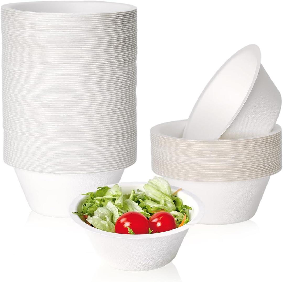 ECOLipak 150 Pack Compostable Paper Bowls, 8 oz Heavy-Duty Disposable Biodegradable Soup Bowls Made of Natural Bagasse, Suitable for Ice Cream, Salad, Dessert, Milk, Cereals