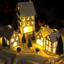 Geetery 17 Pcs Lighted Christmas White Village Houses Set Metal Christmas Village Buildings with Decorative Xmas Trees Remote Control LED Candles White House Decor(Classic Style)