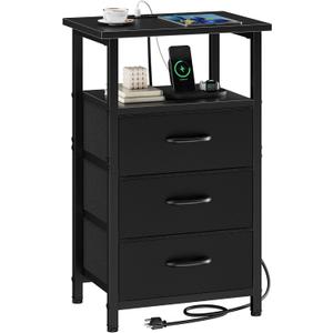 Vagusicc Nightstand with Charging Station, Bedside Table with USB Ports and Outlet, End Table Side Table with 3 Fabric Drawers and Storage Shelf, Bed Side Table Black Night Stand for Bedroom, Black