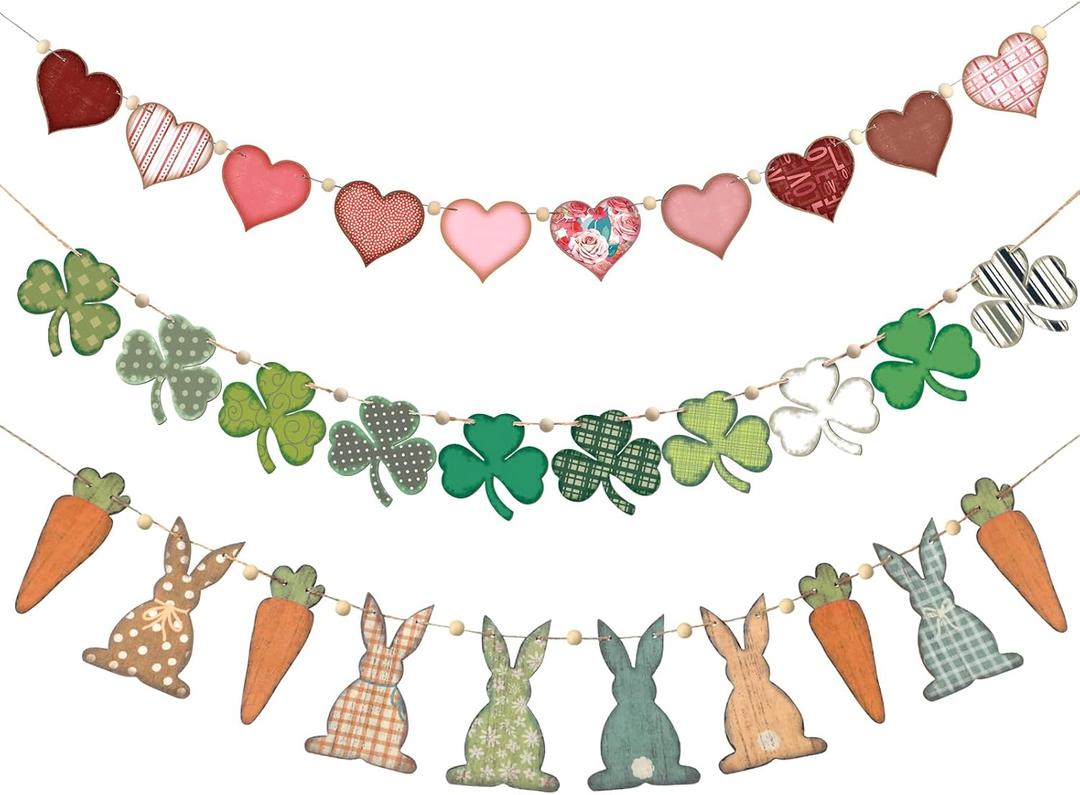 3 Pcs Easter Garlands Wood Bead Bunny Clover Heart Garlands for Easter St. Patrick's Day Valentine's Decorations Spring Wood Hanging Bunny Clover Heart for Mantle (Classic Style)