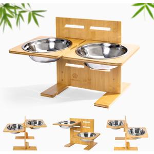Mora Pets Elevated Dog Bowls Adjustable Raised Dog Bowl Bamboo Pet Feeder with 2 Stainless Steel Bowls for Small Medium Large Dogs