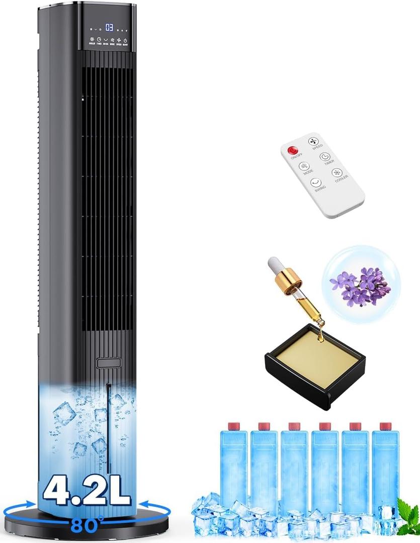 42 INCH Swamp Cooler Air Conditioner w/ 4 Modes & 3 Speeds, Aroma&Memory Function Evaporative Air Cooler, 4.2L Dual Tank, 15H Timer, 6 Ice Packs Portable Windowless Air Conditioner for Bedroom