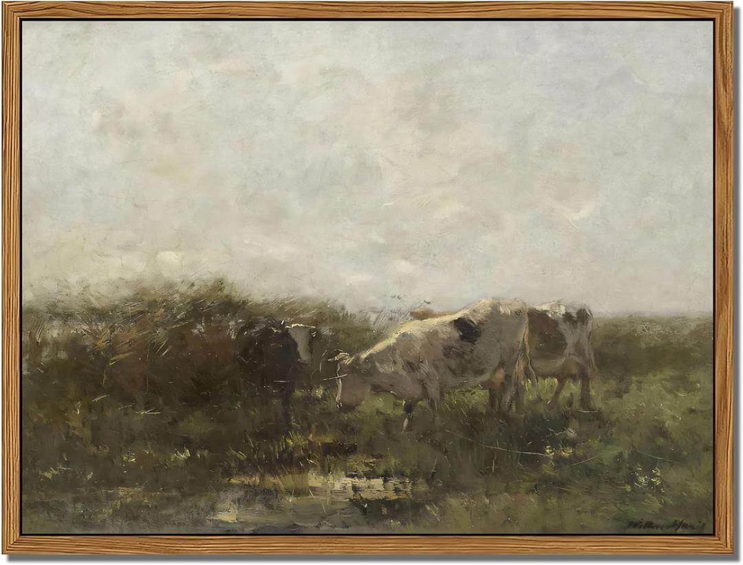 Floating Framed Landscape Canvas Wall Art, French Vintage Natural Country Cows Pictures Wall Decor Artwork, Farmhouse Oil Paintings Prints for Living Room Bedroom Home Decoration 8x10 inch