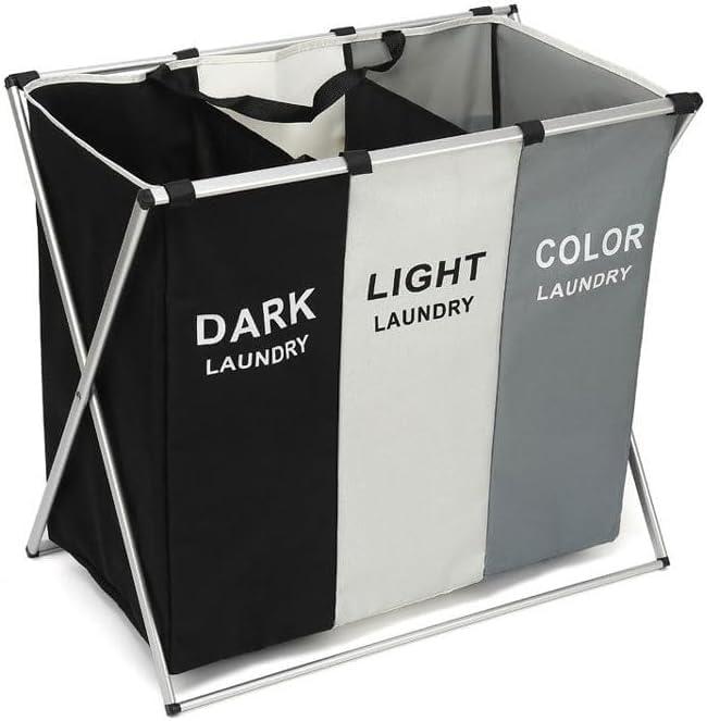 3-Section Laundry Basket Organizer, Foldable Hamper with Dividers, 150L Large Capacity, Waterproof 600D Oxford Fabric, Freestanding Lightweight Clothes Sorter Bedroom, Dorm, Bathroom (24x15x26in)