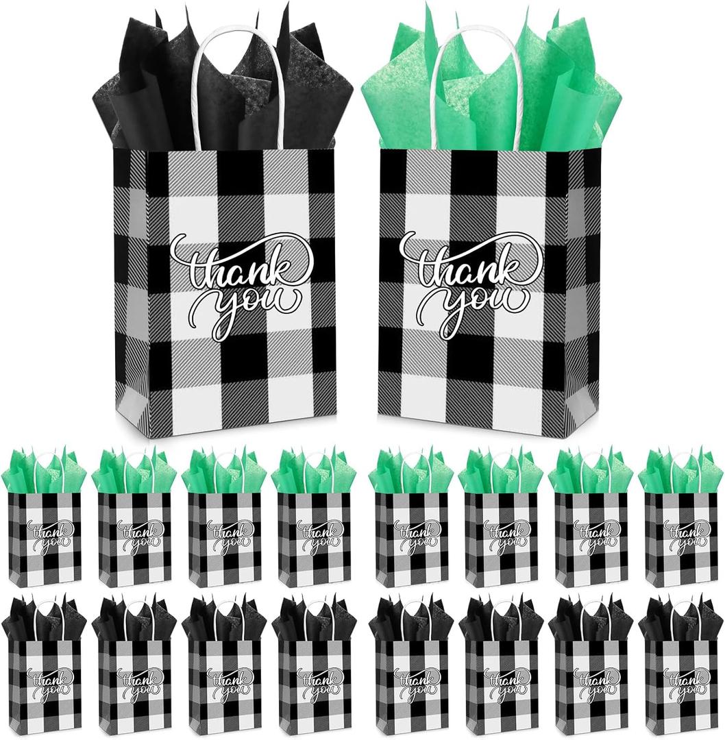 Cholemy 50 Pcs Christmas Buffalo Plaid Bags with 50 Sheets Tissue Paper 8.3 x 5.9 x 3.15 Inch Xmas Thank You Gift Bags Kraft Paper Bags Holiday Gift Wrapping for Christmas Party (Black White Plaid)
