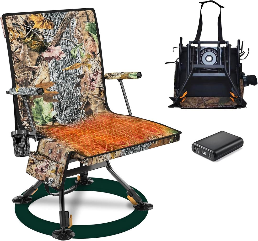 Hunting Blind Chair with Detachable Seat Cover and Heater, 360 Degree Silent Swivel Hunting Chair with Armrest Cuphold for Camping Fishing Shooting Bench,Heigh Adjustbale and Portable.