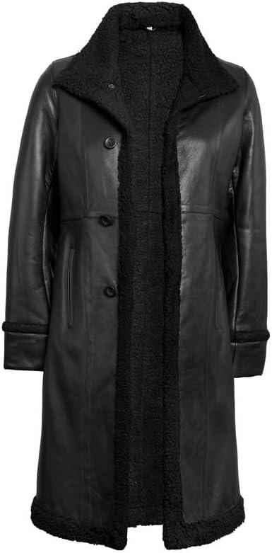 Blingsoul Women's Long Leather Coat Real Lambskin Leather Jacket with Shearling Collar, Car Coat Style Leather Jacket Women, Large