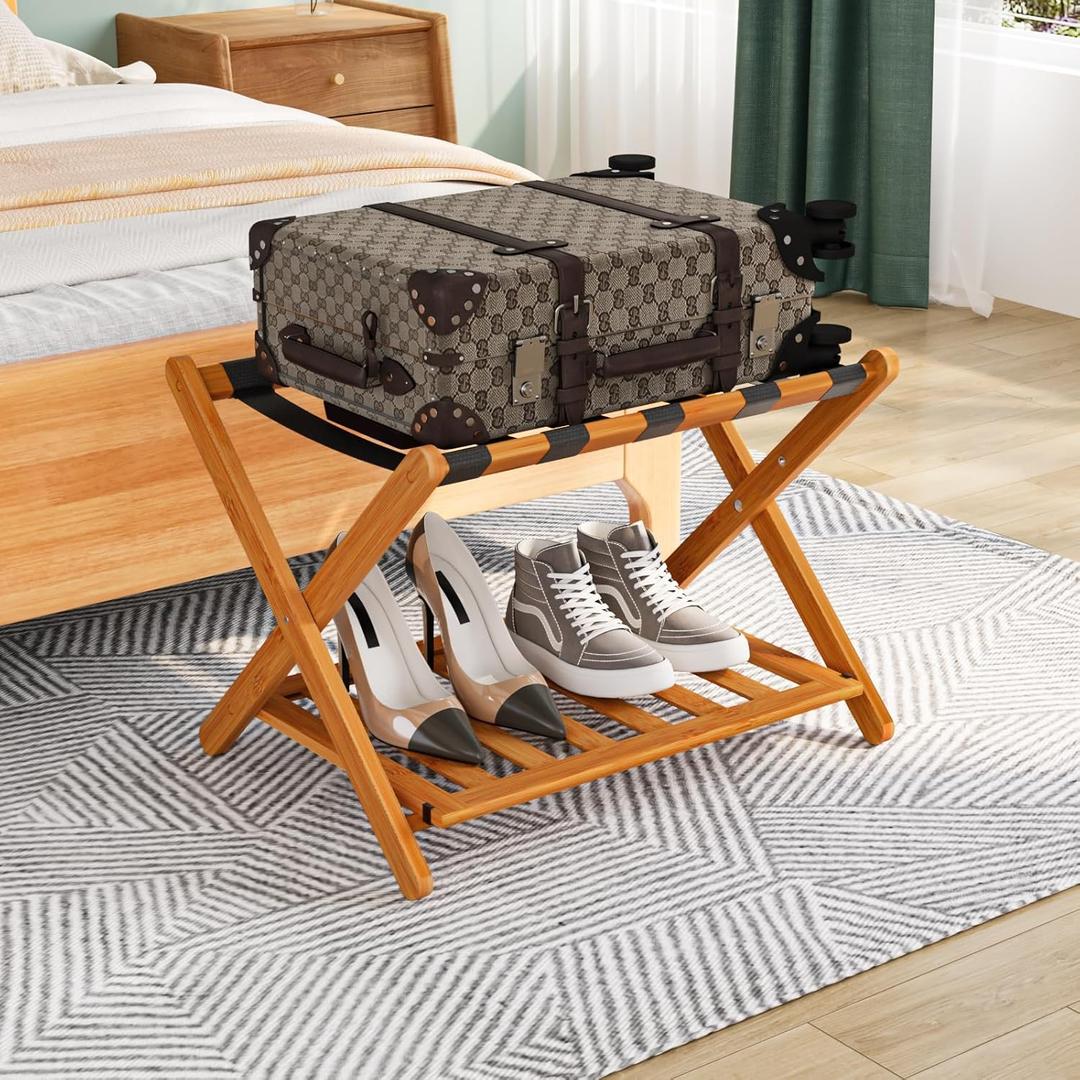Smuxee Fully Assembled Honey Luggage Rack, Upgraded Bamboo Foldable Suitcase Stand with 5 Nylon Straps, Luggage Holder with Shelf for Guest Room Bedroom Hotel (Honey 1 Pcs)