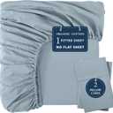 LANE LINEN 100% Organic Cotton Fitted Sheet Queen Size - 3 Pc Set (1 Fitted Sheet, 2 Pillowcases), Percale Weave, Soft, Breathable, Fits Mattress Upto 15" Deep - French Blue (No Flat Sheet)