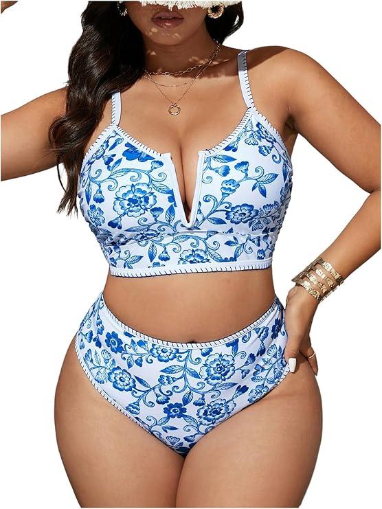 Floerns Women's Plus Size Bikini Set Floral Print V Neck High Waisted 2 Piece Beachwear Blue and White 3X Large Plus