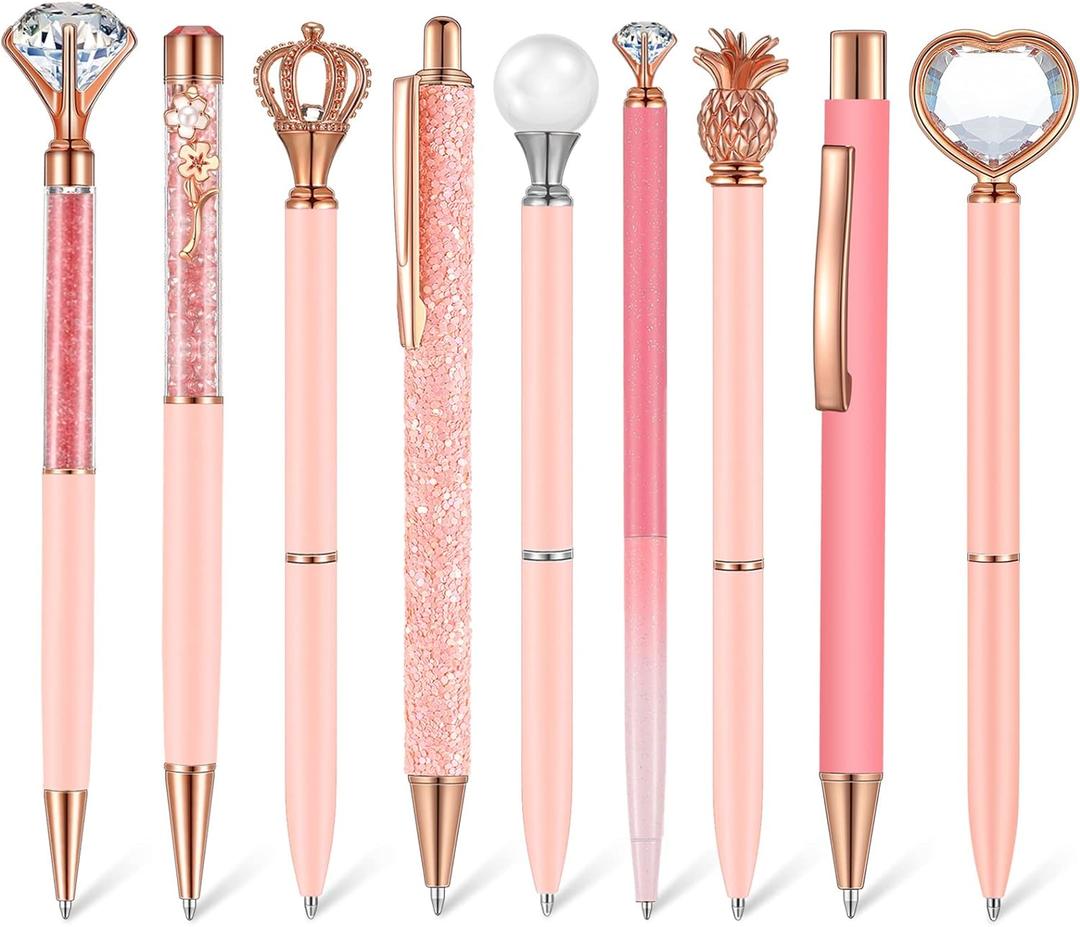 Janmini 9 Pcs Ballpoint Pens Set Metal Crystal Diamond Glitter Pens for Journaling Black Ink Pretty Cute Things Fancy Stationery Gifts for Women Girls Birthday Home Office Desk(Light Pink)