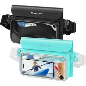 Niveaya IPX8 Waterproof Fanny Pack - 2 Pack, Floating Dry Bag Pouch, Phone Waterproof Waist Pouch Dry Bag, Beach, Kayaking, Swimming, Boat Essentials, for iPhone 17/16/15/14/13/12 Pro Max up to 9.5" (Black&Green)