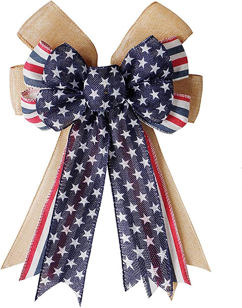 Large Red Blue Stars Bow Burlap Bow Patriotic Wreath Bow Pary Tree Topper for Memorial Day 4th of July Independence Day Indoor Outdoor Decorations 16.5