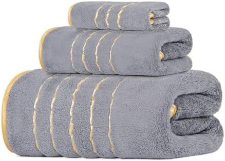 Gold Striped Coral Fleece 3-Piece Towel Set, Bath Towel Hand Towel Washcloth, Absorbent Quick Dry Home Towels Pink