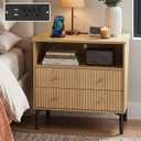 27" Fluted Oak Nightstand with Charging Station, Wide Wood Bedside Table