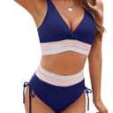 Edelqual Women High Waisted Bikini Sets Tummy Control Swimsuits Two Piece Bathing Swim Suits Summer Beach Swimwear (Medium, Navy Blue)