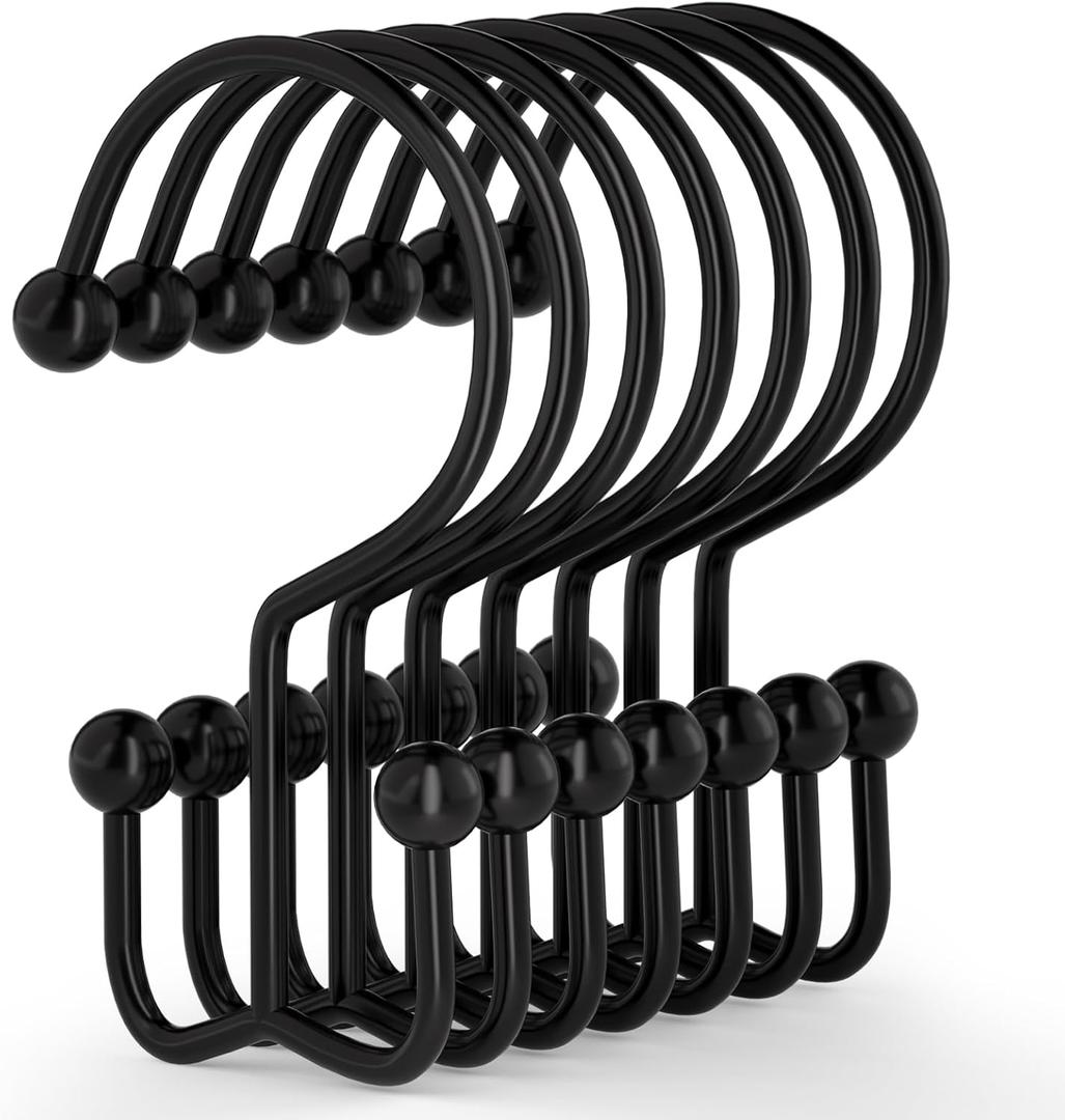Goowin Shower Curtain Hooks, 12 Pcs Shower Curtain Rings, Durable Rust Proof Black Shower Curtain Hooks, Shower Rings for Curtain, Double Glide Shower Hooks for Shower Curtain Rods, Black (Classic - 12 Pack)