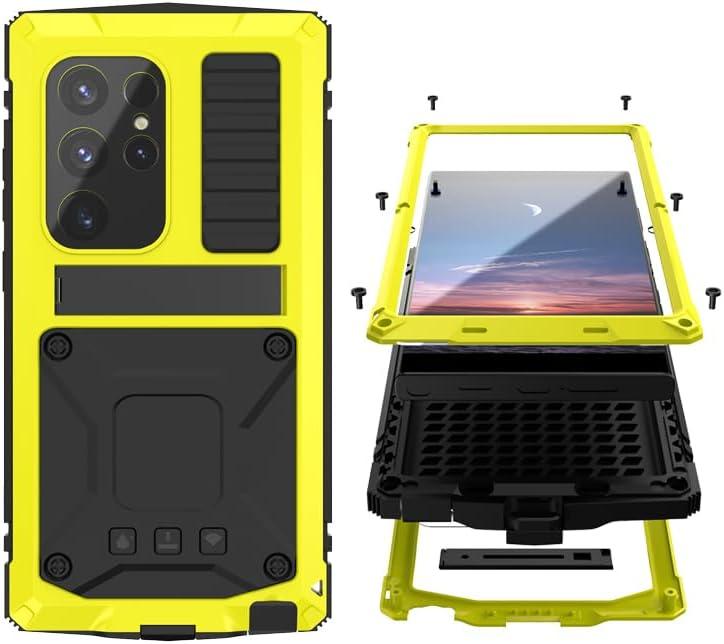 Simicoo Compatible with Samsung Galaxy S25 Ultra Metal Bumper Case with Stand Screen Protector Camera Cover Hybrid Durable Metallic Military Dust Proof Heavy Duty Full Body Man (Yellow)