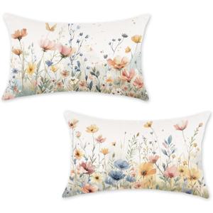 ONWAY Spring Floral Pillow Covers 12x20 Inch Watercolor Flowers Decorations Farmhouse Summer Outdoor Patio Cushion Case for Sofa Couch Home Set of 2