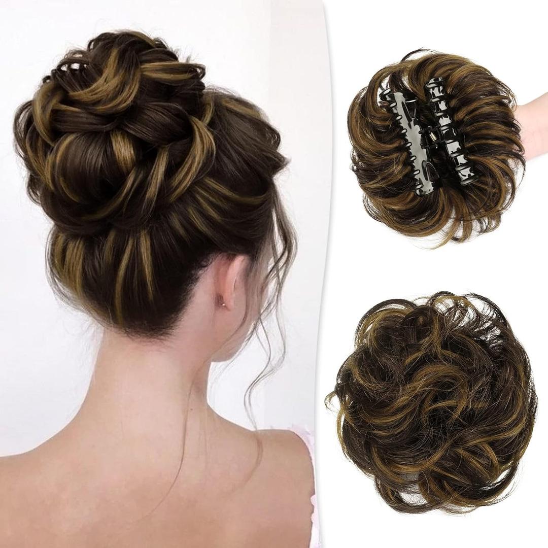 RUWISS Claw Clip Messy Bun Hair Piece Real Human Hair Buns Wavy Curly Chignon Hair Bun Extensions Tousled Updo Hair Buns Claw Clip Ponytail Hairpieces (Dark Brown with Golden Blonde) (40g)