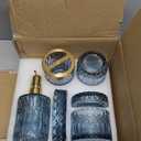 EMPO 6PCS Bathroom Clear Glass Accessories Set (Lotion Soap Dispenser, Soap Dish, Toothbrush Holder, Tumbler, Cotton Swab Jar), Contemporary Modern Decor Crystal Vintage Gift (6pcs Blue)