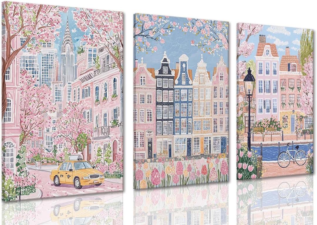 XLARTMY Watercolor City Landscape Travel Wall Art Canvas Framed Pink Cherry Flower Poster Girly Prints Painting Pictures Set of 3 for Bedroom Living Room Office 16x24in
