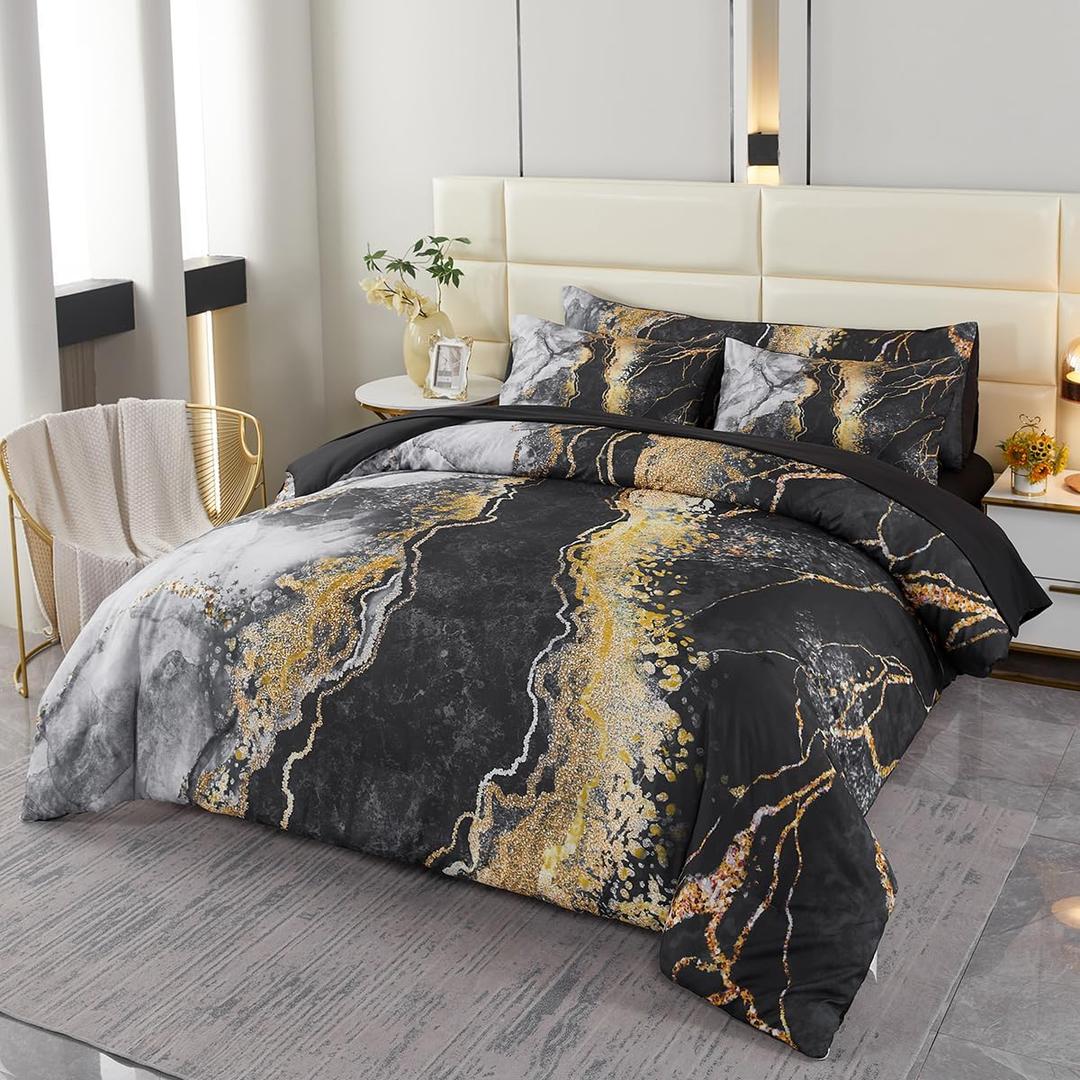 PERFEMET California King 6 Piece Bed in A Bag Black Watercolor Marble Printed Bedding Comforter with Sheets Colorful Stylish Retro Artwork Design Bedding Quilt Set(Black, Cal King)