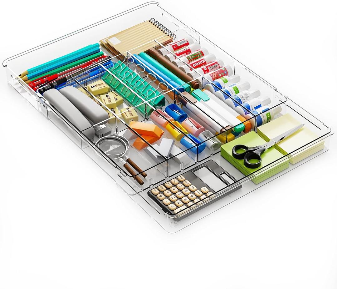 Yieach Large Expandable Desk Drawer Organizer Tray for Office Supplies and Accessories With 12 Adjustable Compartments,Office Drawer Organizers for Pencil,Pen and Kitchen Junk Drawer Organizer,Clear (L-12.6 to 21.3x14.5x1.8 In)