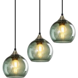 Gray Green Glass Pendant Lights Kitchen Island Lighting Globe Pendant Light Fixtures Modern Pendant Lighting for Kitchen Island Bedroom Living Dining Room Light Fixture (5.9in, Pack of 3)