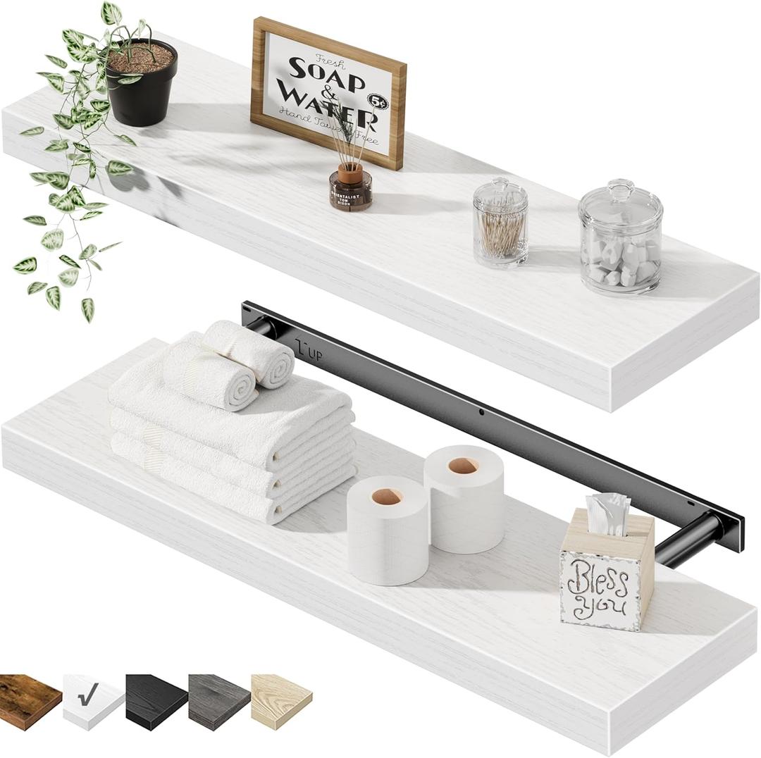 QEEIG Floating Shelves for Wall 23.6" Long - Wall Mounted Shelf Bathroom Kitchen Living Room Bedroom Farmhouse Home Decor Display Bookshelf Large 23.6 x 9.3 inch Set of 2, White (008-60W)