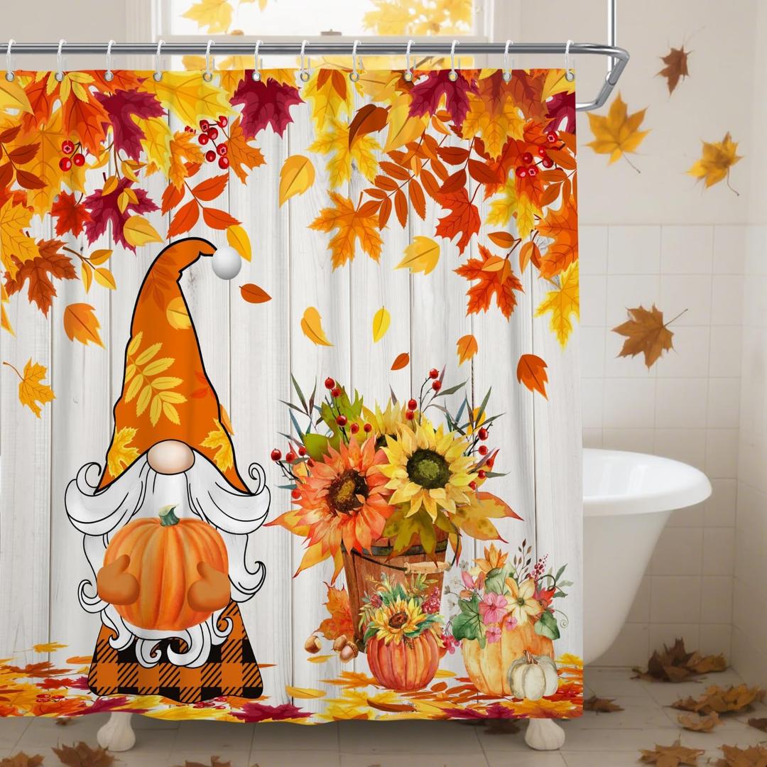 DASHAN Fall Shower Curtain Autumn Gnomes Maple Leaves Shower Curtains for Bathroom Thanksgiving Harvest Bathroom Curtain Friendsgiving Farmhouse Waterproof Fabric Bath Curtain 72"x72"