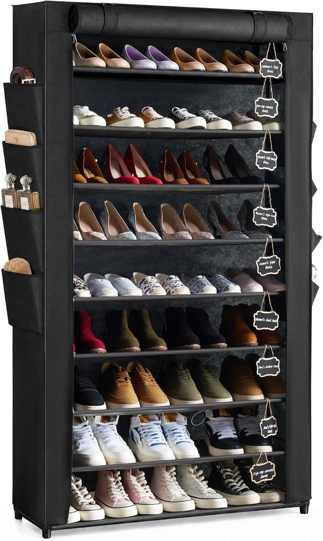 RevoHome Shoe Rack with Cover, 10 Tier Shoe Organizer for Closet, Holds 55 Pairs, Vertical Space Saving Shoe Storage Shelf with 8 Side Pockets & Chalkboard Labels for Entryway, Bedroom, Dorm, X-Large