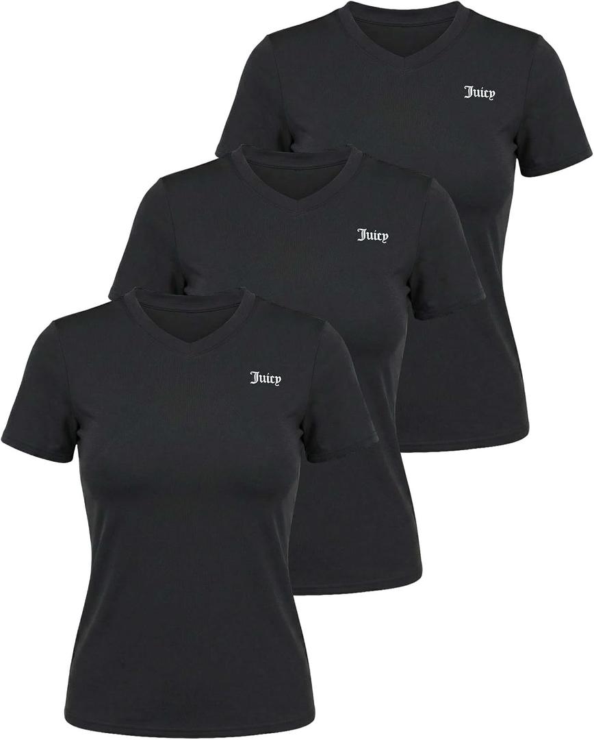 Juicy Couture Women's Short Sleeve V-Neck Athletic T-Shirts Workout, Fitness, Yoga, Pilates, Gym Activewear (Black, S)
