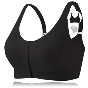 CYTMTZGA Seamless Front Closure Mastectomy Bra Surgical Bra Pocket Breast Prosthesis Breast Forms Bralette Daily Bra 3XL Black